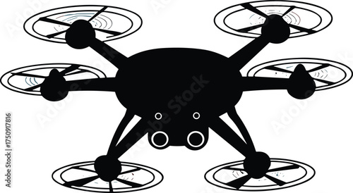 Quadcopter drone silhouette, spinning rotors, top-down view, modern UAV design, black graphic illustration, aerial technology, robotics, surveillance, aviation concept