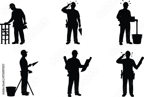 Construction worker silhouettes with tools, blueprint, wheelbarrow, framework, teamwork, industrial labor, building site, engineering, architecture, vector illustration design
