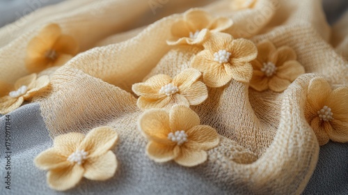 Delicate yellow flowers on sheer fabric, close-up