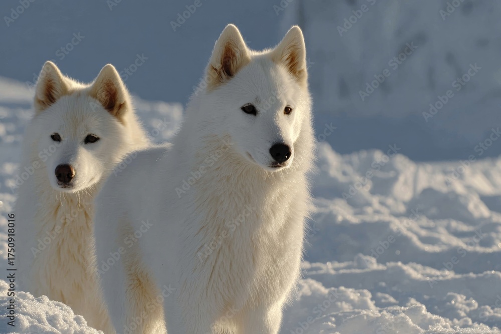 Obraz premium Two majestic white wolves stand gracefully in snowy landscape, e