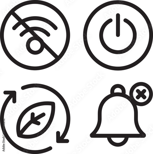 No wifi power button eco leaf and no notification bell icons signal wireless