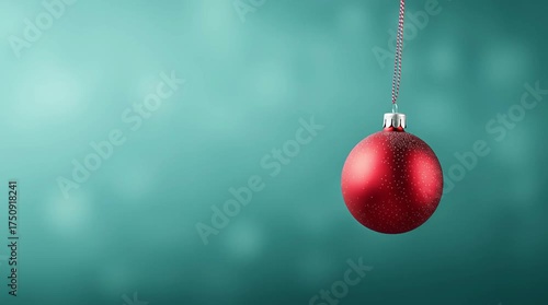 Hanging Red Glitter Christmas Ornament on a Teal Bokeh Holiday Background.