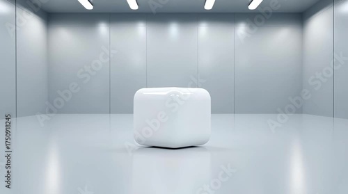 White Minimalist Exhibition Room with a Smooth Cube Display Pedestal.