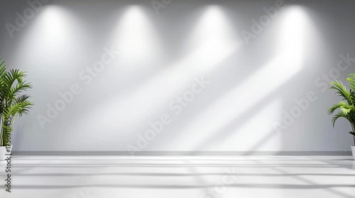 Minimalist Interior Room with White Wall Spotlight Illumination and Potted Plants.