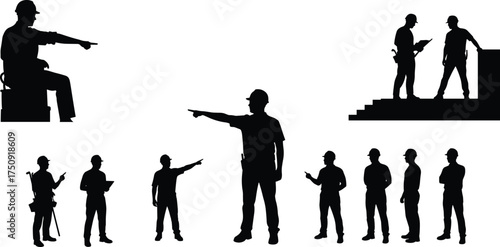 Construction workers silhouette, teamwork, safety gear, hard hats, inspection, collaboration, industrial site, labor force, engineering, occupational safety, vector illustration, poses, tools,