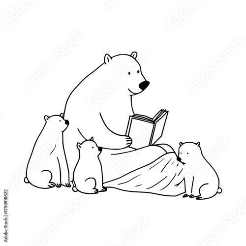 A polar bear reading a book to three cubs sitting around her on a blanket in a black and white drawing