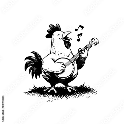 Cartoon chicken playing banjo and singing with musical notes in black and white illustration style art