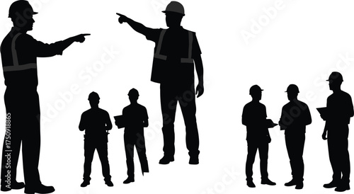 Construction workers silhouette, teamwork, safety helmet, industrial site, communication, leadership, labor force, engineering, job site, occupational safety, teamwork coordination,
