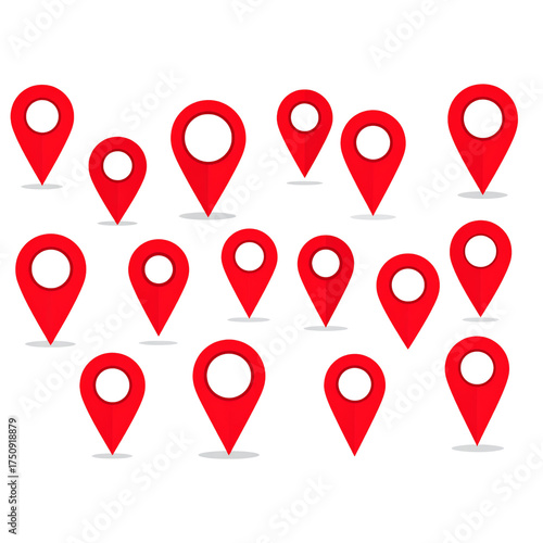 set of red map location pins, flat vector icons on white background 