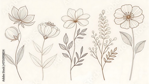 Elegant floral line art drawing with flowers and leaves illustration design
