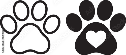 Two Black Paw Print Icons With Heart Detail On White animal