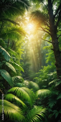 Fototapeta Naklejka Na Ścianę i Meble -  Dappled sunlight filters through dense jungle foliage