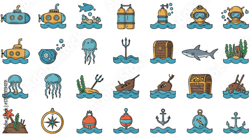 Collection of various underwater-themed illustrations featuring submarines, scuba gear, sea creatures, and treasure chests with a playful design.