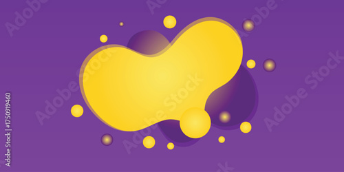 Vibrant yellow abstract blob shape with floating dots on a purple background with subtle gradient effect