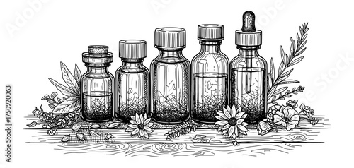 Hand-Drawn Apothecary Bottles and Herbs in Vintage Line Art Style. Vector Illustration for Wellness Concept.