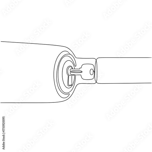 Car key in ignition continuous line art, black and white, representing starting a journey, with copy space