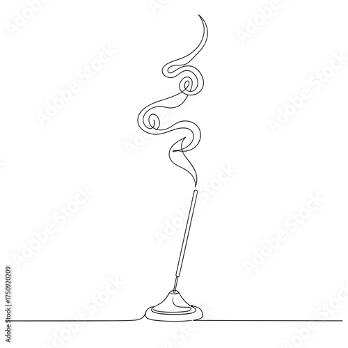 Burning incense stick with smoke, continuous line art, black and white, representing aromatherapy and meditation, with copy space