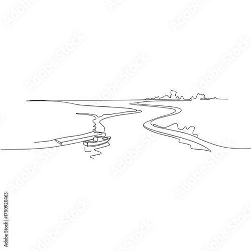 River inlet landscape with a boat at the pier, continuous line art, black and white, representing tranquility and travel, with copy space