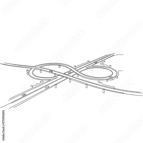 Infinity symbol highway interchange in continuous line art, black and white, representing complex connections and urban infrastructure, with copy space