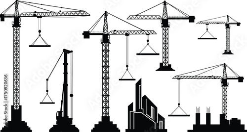 Construction cranes and industrial buildings silhouettes with tower cranes, mobile crane, factory chimneys, urban development, infrastructure, engineering, heavy lifting vector illustration