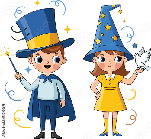 Magical children in costume, wizard hat, magic wand, dove trick, fantasy play, colorful background, cheerful kids, imaginative scene, cartoon style