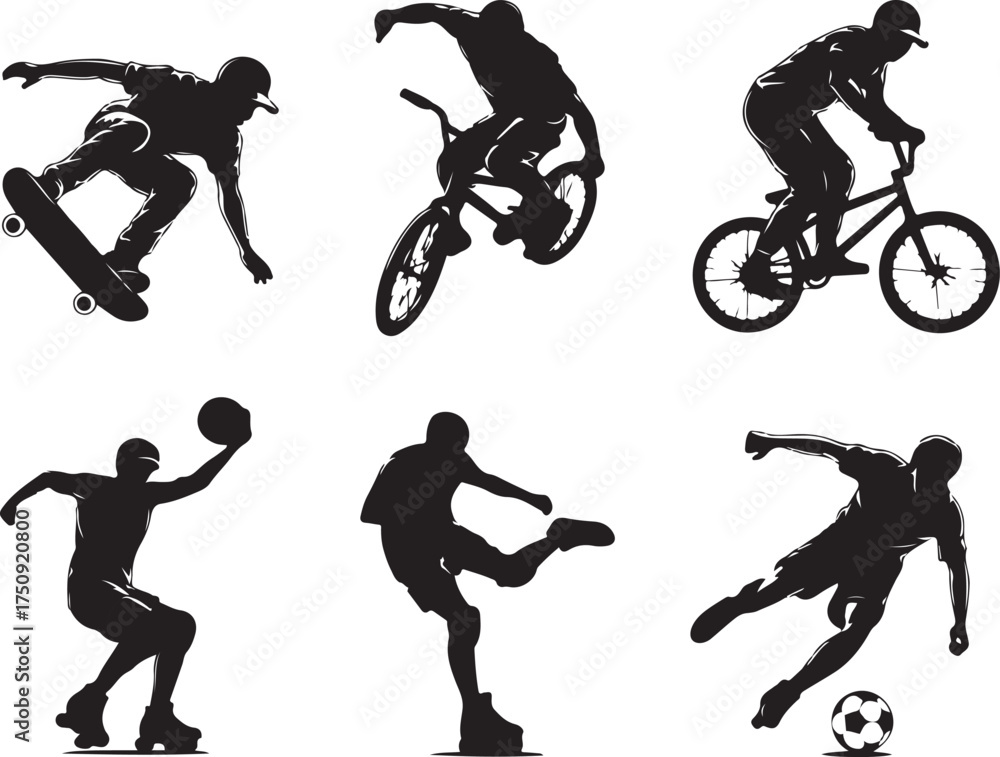 Fototapeta premium Dynamic sports silhouettes skateboarding and soccer