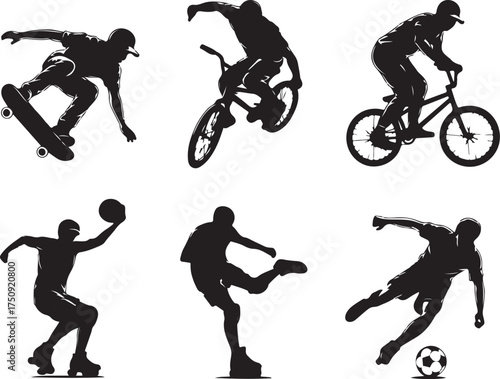 Dynamic sports silhouettes skateboarding and soccer