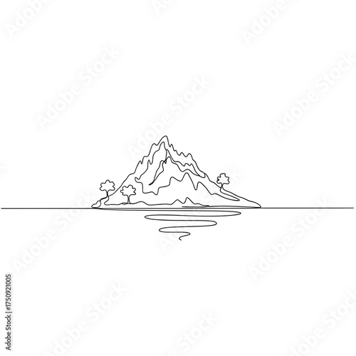 Remote rocky islet in continuous line art, black and white, representing solitude and nature, with copy space