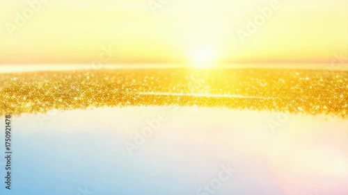 Bright Golden Sunburst Over Reflective Blue Water With Sparkling Particles At Sunrise