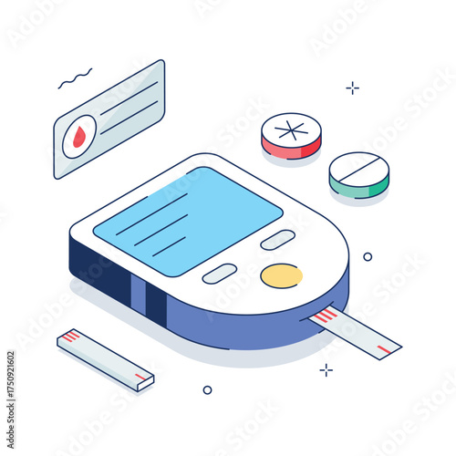 Modern isometric glucose meter showing blood sugar testing and health tracking