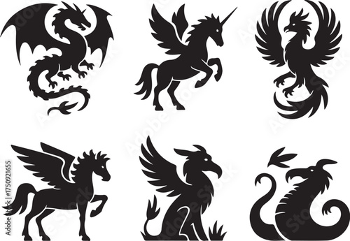 Mythical beasts silhouette set for tattoo designs