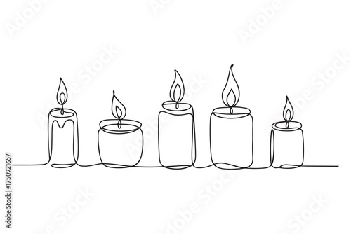 Continuous one line drawing of candle set with burning flames minimalist vector illustration
