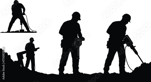 Silhouette construction workers using jackhammers, industrial labor scene, safety gear, excavation site, manual work, helmet, vibration tool, rugged terrain