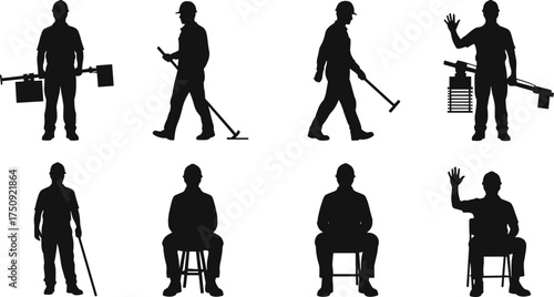 Silhouette workers, manual labor, seated elderly, surveying tools, occupational poses, teamwork, assistance, construction, 
