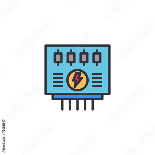 An illustration of a microchip with a lightning bolt representing electrical circuits, microelectronics, and energy-efficient technology design.