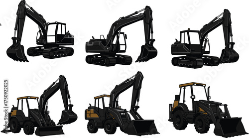 Detailed vector illustration of construction vehicles including excavator and backhoe loader in multiple views, heavy machinery equipment design set”