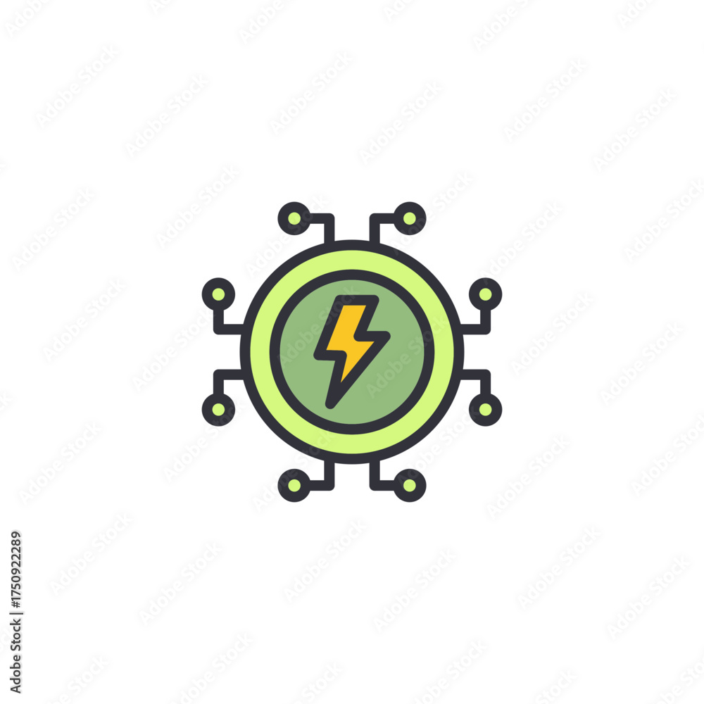 Fototapeta premium A circuit board with a lightning symbol representing electrical energy flow, smart devices, and digital power systems.