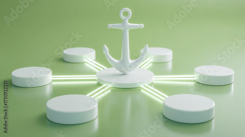 Leadership's Anchor, A minimalist 3D rendering anchor symbol, from which glowing green lines, representing leadership anchoring the team. with copy space. 3d illustration.