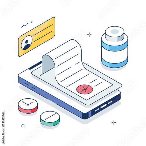 Isometric medical app showing online prescription management and medication reminders.