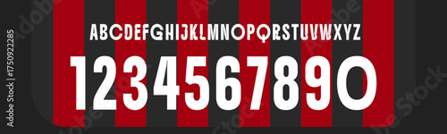 Red Black with A bold condensed sans serif display font with strong numeric focus, perfect for sports branding, posters, labels, and headlines.