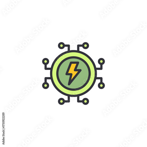 A circuit board with a lightning symbol representing electrical energy flow, smart devices, and digital power systems.