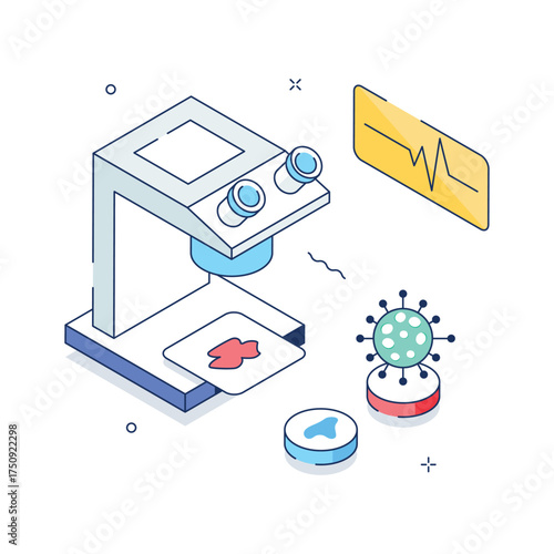 Laboratory interface featuring microscope and virus testing in medical research isometric illustration
