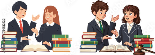 Students, discussion, teamwork, education, law, civics, debate, classroom, books, gavel, legal study, collaboration, learning, academic, suit, tie, female, male, university, knowledge