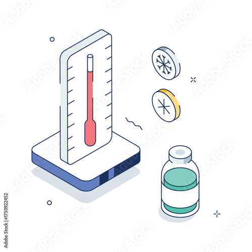 Thermometer and vaccine bottle representing temperature control and immunization, isometric illustration