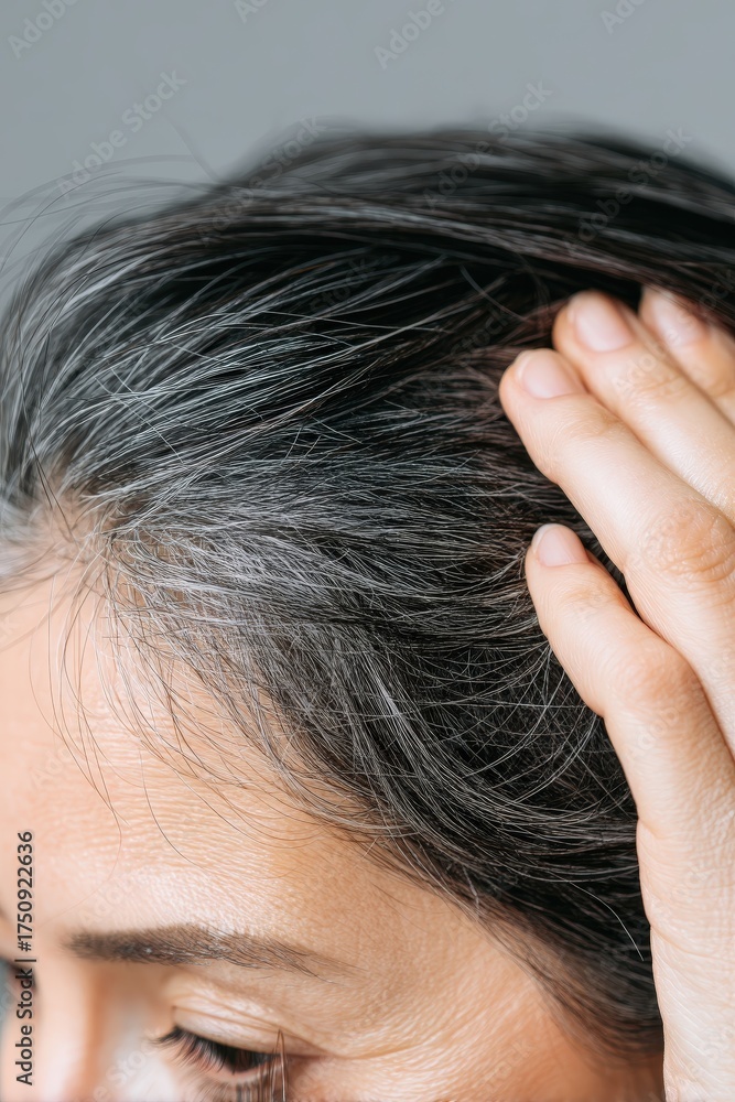 Obraz premium Woman showing gray hair and roots while touching her head with her hand