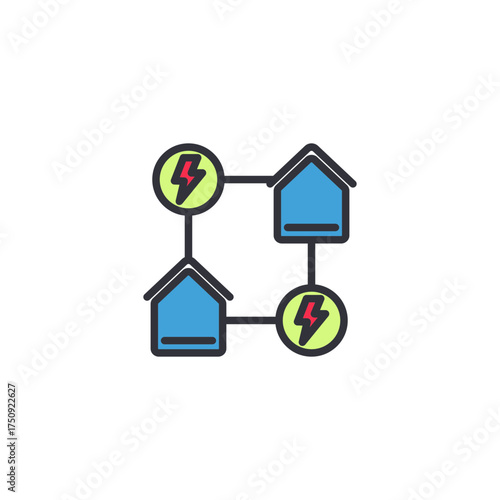 An icon of houses connected by power lines representing smart grids, energy sharing, and community-based renewable power systems.