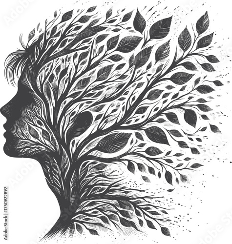  A striking black silhouette of a woman's profile blends seamlessly into an intricate tree of branches and leaves, symbolizing growth, nature, and inner strength