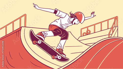 Action-Packed Skateboarding Performance, Young Skater, Skatepark, Illustration, Urban Environment, Side View, Thrilling Sports Experience