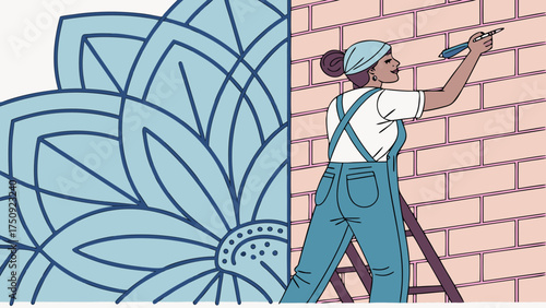 Creative Woman Painting Mural on Wall in Urban Environment Illustration