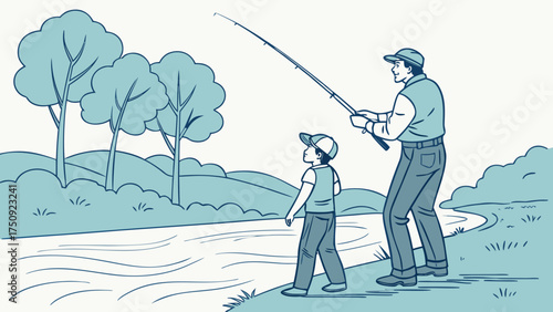Father and Son Fishing Together by a Riverbank in Nature Illustration